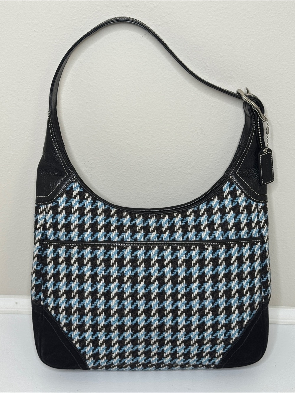 Coach Black Leather Wool Blue/Black/White Houndstooth Shoulder Bag